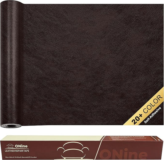 ONine Leather Repair Patch, Self-Adhesive Couch Patch, Multicolor Available Scratch Leather 16X60 Inch Peel and Stick for Sofas (New Dark Brown)