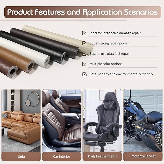 KING MOUNTAIN Leather Repair Patch,16 x 60 Inches self Adhesive Leather Repair Tape for Damaged Leather Furniture, Sofa Seating,Car Seats, Leather Goods（Classic Brown）