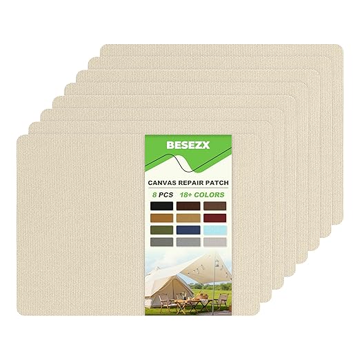 Besezx Canvas Repair Patch,Outdoor Gear Patch, 7.87x5.9 Inches 8PCS,Waterproof Self-Adhesive Fabric Repair Tape for Repairing Boat Covers,Sun Shades,Sofas,Tents,Lounge Chairs,Awnings (Rice Coffee)