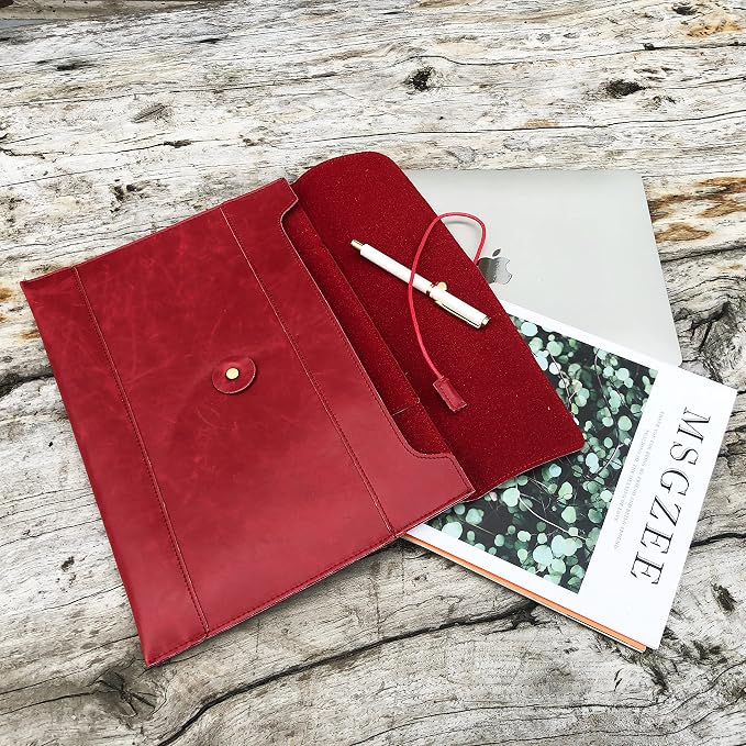 Vintage pu Leather 13.5" Certificate File Sleeve Case Business Manila Clutch Envelope Bag Office Documents Folder (Wine red)