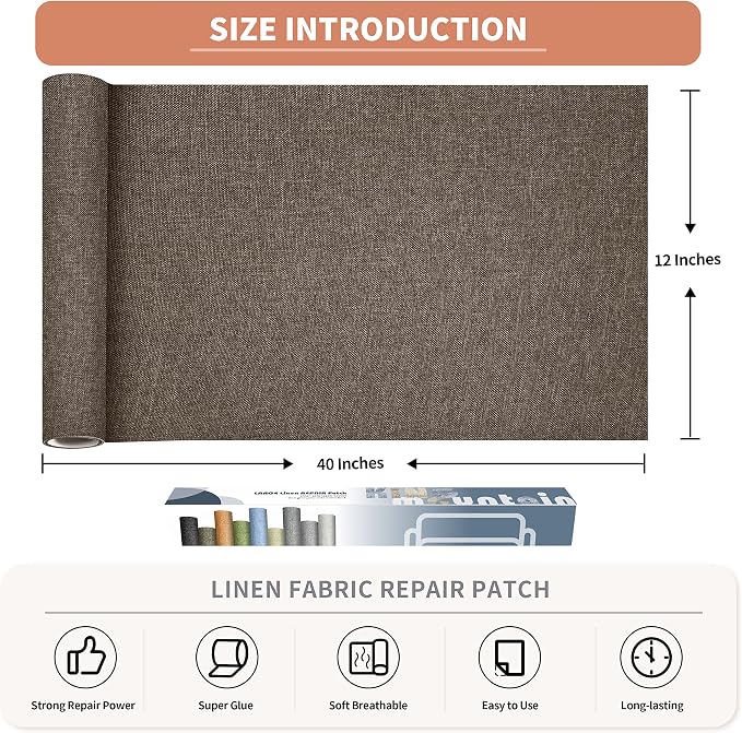 Fine Linen Repair Patches, Self-Adhesive Linen Fabric Patches, 12X40 inch Extra Size, Multi Color, Can be Used for Linen Sofa Repair(12" x 40",Brown 1.0)