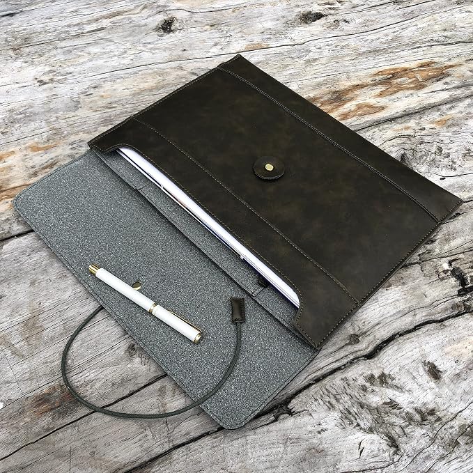 Vintage pu Leather 13.5" Certificate File Sleeve Case Business Manila Clutch Envelope Bag Office Documents Folder (Army Green)