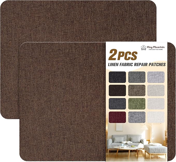KING MOUNTAIN Coarse Linen Repair Patches, Self-Adhesive Linen Fabric Patches, 8X11 inch 2 PCS, Multi Color, Can be Used for Linen Sofa Repair (8" x 11"-2PCS,Coffee Brown)
