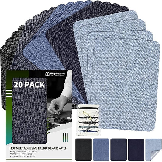 KING MOUNTAIN Iron-on Repair Patch 20 Pcs Pack,Denim Patches for Jeans Kit 3" by 4-1/4", 100% Cotton Denim Iron-on Repair Patch,Jeans and Clothing Repair and Decoration Kit (Five Color)