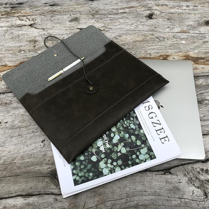 Vintage pu Leather 13.5" Certificate File Sleeve Case Business Manila Clutch Envelope Bag Office Documents Folder (Army Green)