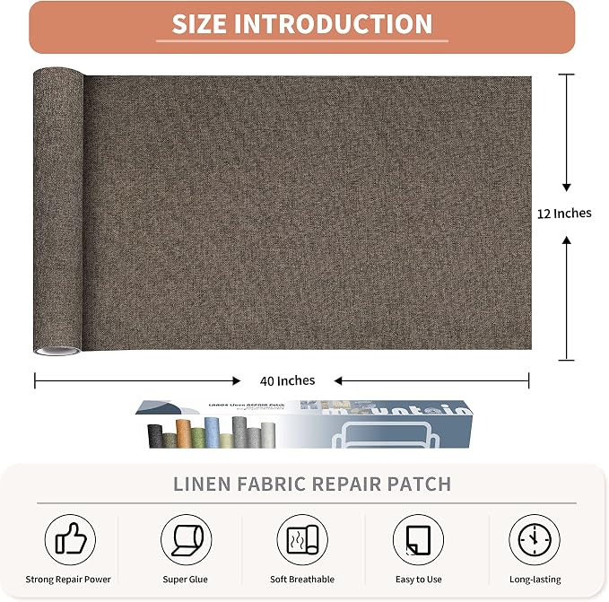 Fine Linen Fabric Patches, Self-Adhesive, Extra Large 12x40 Inch, Multi Color, for Sofa & Furniture Repair (Light Brown)