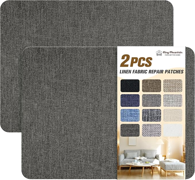 KING MOUNTAIN Fine Linen Repair Patches, Self-Adhesive Linen Fabric Patches, 8X11 inch 2 PCS, Multi Color, Can be Used for Linen Sofa Repair (8" x 11"-2PCS,Dark Grey 2.0)