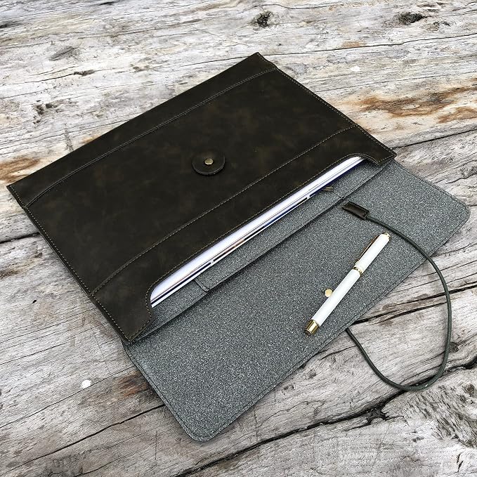 Vintage pu Leather 13.5" Certificate File Sleeve Case Business Manila Clutch Envelope Bag Office Documents Folder (Army Green)