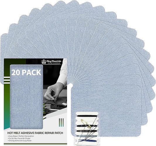 KING MOUNTAIN Iron-on Repair Patch 20 Pcs Pack,Denim Patches for Jeans Kit 3" by 4-1/4",100% Cotton Denim Iron-on Repair Patch,Jeans and Clothing Repair and Decoration Kit (Light Blue)