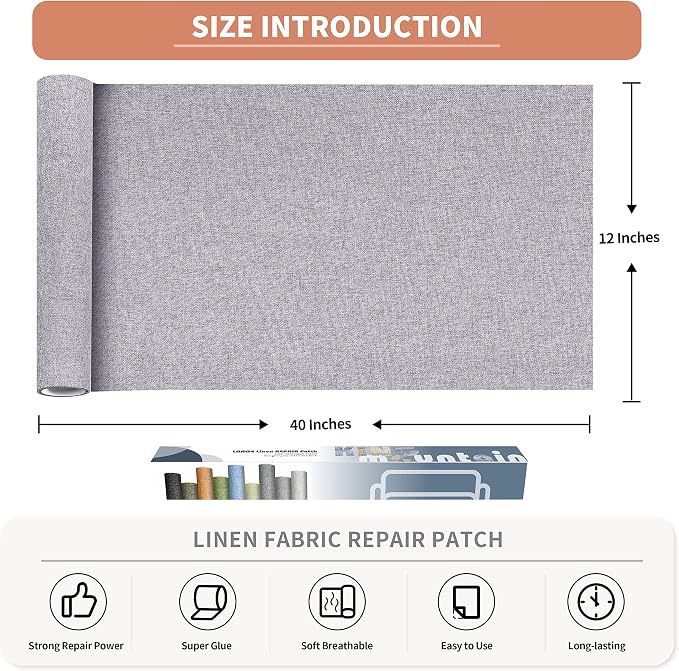 KING MOUNTAIN Fine Linen Repair Patches, Self-Adhesive Linen Fabric Patches, 12X40 inch Extra Size, Multi Color, Can be Used for Linen Sofa Repair (12" x 40", Light Grey 3.0)